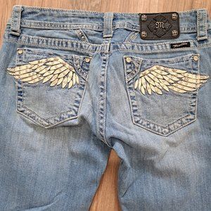 Miss Me Boot cut Jeans with White Leather Angel wing pockets and rhinestones